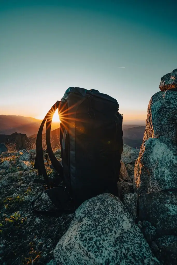 backpack, rocks, sun, summit, peak, backpacking, climb, evening, golden hour, hiking, landscape, light, los angeles, nature, mountain, outdoors, panoramic, ray, recreation, san bernadino mountains, san gabriel mountains, shine